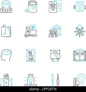 Showroom linear icons set. Display, Exhibit, Samples, Collection, Gallery, Model, Storefront line vector and concept signs. Array,Portfolio,Showcase Stock Vector