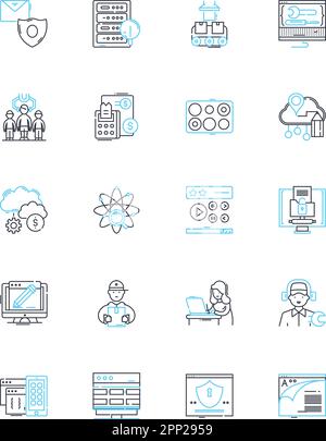 Cloud Computing linear icons set. Infrastructure, Storage, Scalability, Virtualization, Security, Reliability, Mobility line vector and concept signs Stock Vector