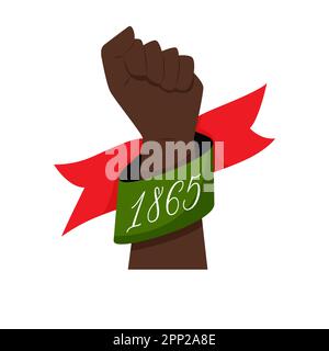 Clenched fist, raised hand. A ribbon with the date 1865. A symbol of the National African American Independence Day, Freedom Day, Juneteenth. Vector i Stock Vector