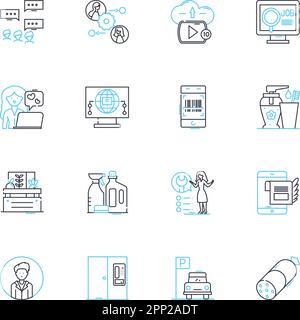 Virtual marketing linear icons set. Online, Digital, Strategy, Branding, Advertising, SEO, Social media line vector and concept signs. Content Stock Vector
