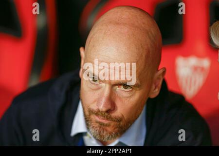 Manchester United head coach Ten Hag  during the UEFA Europa League match, quarter finals, second leg, between Sevilla FC v Manchester United played at Ramon Sanchez Pizjuan Stadium on April 20, 2023 in Sevilla, Spain. (Photo by Antonio Pozo / PRESSIN) Stock Photo