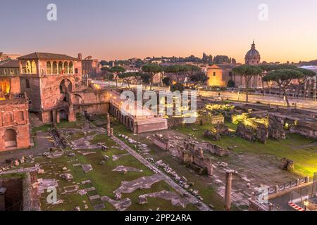 Rome, Italy overlooking Trajan's Forum at dusk. Stock Photo