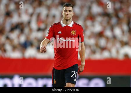 Diogo Dalot of Manchester United  during the UEFA Europa League match, quarter finals, second leg, between Sevilla FC v Manchester United played at Ramon Sanchez Pizjuan Stadium on April 20, 2023 in Sevilla, Spain. (Photo by Antonio Pozo / PRESSIN) Stock Photo