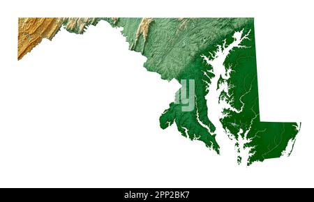 The US state of Maryland. 3D rendering of shaded relief map with  water bodies. Colored by elevation. White background. Created with satellite data. Stock Photo