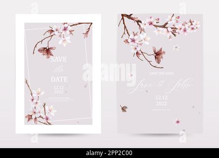 Watercolor cherry blossoms blooming invitation template cards set. Collection viva magenta watercolor flowers vector is suitable for Wedding invitatio Stock Vector
