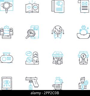 Brand development linear icons set. Identity, Strategy, Positioning, Differentiation, Messaging, Visuals, Targeting line vector and concept signs Stock Vector
