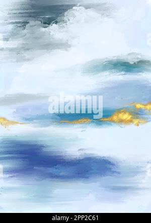 abstract hand painted mixed media beach themed landscape with gold foil elements Stock Vector