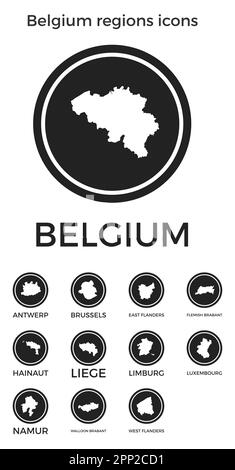 Luxembourg regions icons. Black round logos with country regions maps ...