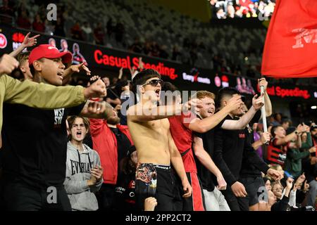 21st April 2023;  CommBank Stadium, Sydney, NSW, Australia: A-League Football, Western Sydney Wanderers versus Wellington Phoenix; Wanderers fans celebrate their 4-0 win Stock Photo