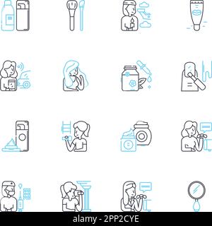 Personal grooming linear icons set. Hygiene, Shaving, Styling, Trimming, Haircare, Manicure, Pedicure line vector and concept signs. Skincare,Waxing Stock Vector