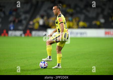 21st April 2023; CommBank Stadium, Sydney, NSW, Australia: A-League Football, Western Sydney Wanderers versus Wellington Phoenix; Clayton Lewis of Wellington Phoenix holds the ball up Stock Photo