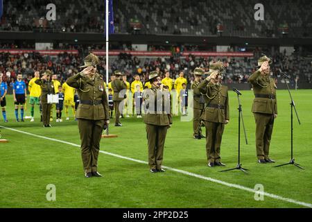 21st April 2023;  CommBank Stadium, Sydney, NSW, Australia: A-League Football, Western Sydney Wanderers versus Wellington Phoenix; an Anzac remembrance ceremony before kick off Stock Photo