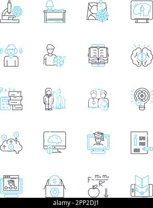 Online education linear icons set. E-learning, Webinar , Distance learning, MOOCs, Virtual classrooms, Edtech, Online classes line vector and concept Stock Vector