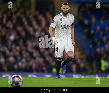 London, UK. 18th Apr, 2023. 18 Apr 2023 - Chelsea v Real Madrid - UEFA Champions League - Stamford Bridge.                                        Real Madrid's Karim Benzema during the Champions League match at Stamford Bridge, London.                                                          Picture Credit: Mark Pain/Alamy Live News Stock Photo