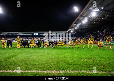 DOETINCHEM, NETHERLANDS - APRIL 21: goalkeeper Sonny Stevens of ADO Den Haag, Guillem Rodriguez of ADO Den Haag, Denzel Hall of ADO Den Haag, Finn van Breemen of ADO Den Haag, Boy Kemper of ADO Den Haag, Gregor Breinburg of ADO Den Haag, Titouan Thomas of ADO Den Haag, Ricardo Kishna of ADO Den Haag, Joey Sleegers of ADO Den Haag, Mario Bilate of ADO Den Haag, Thomas Verheydt of ADO Den Haag, players of ADO Den Haag celebrate the win during the Dutch Keukenkampioendivisie match between De Graafschap and ADO Den Haag at De Vijverberg on April 21, 2023 in Doetinchem, Netherlands (Photo by Marcel Stock Photo