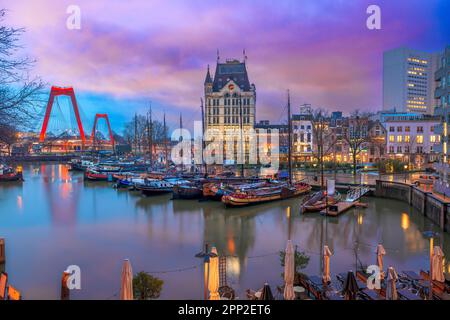 Rotterdam, Netherlands from Oude Haven Old Port at Twilight. Stock Photo