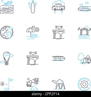 Cruise expeditions linear icons set. Adventure, Luxury, Exploration, Discovery, Relaxation, Scenic, Marine line vector and concept signs. Excitement Stock Vector
