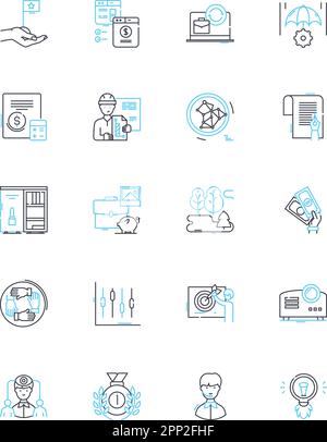 Trading establishment linear icons set. Trading, Stocks, Currencies, Commodity, Futures, Investments, Options line vector and concept signs. Finance Stock Vector