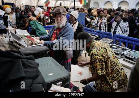 London, UK. 21st Apr 2023. The ‘Nine night’ ritual was held at Goldsmith College for Jah Shaka who died 12th April 2023.Jah Shaka also known as ‘Zulu Warrior’ was a Jamaican reggae/ dub sound system operator in London since the 1970s.  Shaka was revered by musicians and dancers across a range of genres and cultures. Aubrey Fagon/Alamy Live News Stock Photo