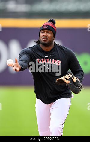 Cleveland Guardians' Josh Bell bats against the Seattle Mariners during the  first inning of a baseball game, Friday, April 7, 2023, in Cleveland. (AP  Photo/Ron Schwane Stock Photo - Alamy