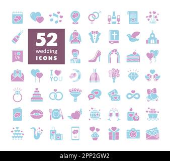 Wedding, marriage, bridal isolated glyph icon set. Vector illustration, romance elements. Sticker, patch, badge, card for marriage, valentine Stock Vector