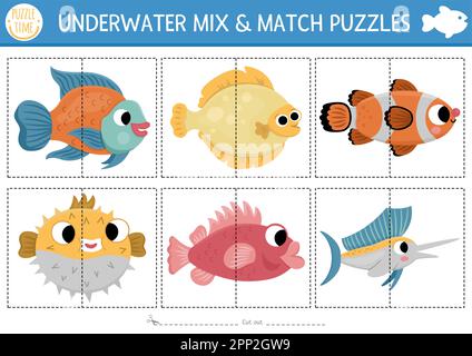 Vector under the sea mix and match puzzle with cute fishes. Matching ocean life activity for preschool kids. Educational printable game with grouper, Stock Vector