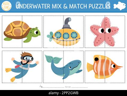 Vector under the sea mix and match puzzle with cute characters. Matching ocean life activity for preschool kids. Educational printable game with turtl Stock Vector