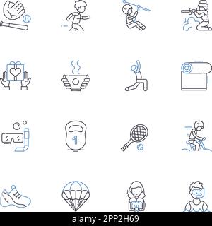 Time away from work and sports line icons collection. Vacation, Holiday, Sabbatical, Break, Retreat, Relaxation, Adventure vector and linear Stock Vector