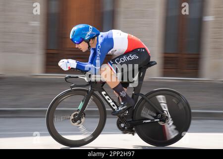 Maniago, Italy. 21st Apr 2023. Valentin Sicot of France during the time trial, UCI World Cup, Individual Time Trial, Maniago, Italy, 21 April 2023,  Casey B. Gibson/Alamy LIve News Stock Photo