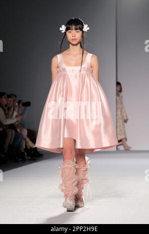 London, UK. 21st April, 2023. Korea-based designer Minju Kim, the inaugural  winner of Netflix's Next in Fashion programme, showcases designs from her  Spring/Summer 2022 and Fall/Winter 2022 collections inspired by the folk