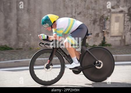 Maniago, Italy. 21st Apr 2023. Emily Petricola of Australia takes second in the Women's C4 category, UCI World Cup, Individual Time Trial, Maniago, Italy, 21 April 2023,  Casey B. Gibson/Alamy LIve News Stock Photo