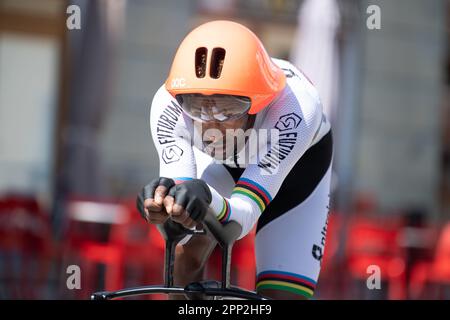 Maniago, Italy. 21st Apr 2023. Daniel Abraham Gebru of the Netherlands, defending world champion in the individual time trial. UCI World Cup, Individual Time Trial, Maniago, Italy, 21 April 2023,  Casey B. Gibson/Alamy LIve News Stock Photo