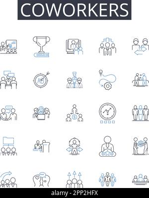 Coworkers line icons collection. Peers, Associates, Colleagues, Companions, Acquaintances, Contemporaries, Allies vector and linear illustration Stock Vector