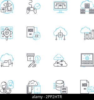 Market monitoring linear icons set. Analysis, Forecasting, Insights, Tracking, Reporting, Metrics, Trends line vector and concept signs. Data Stock Vector