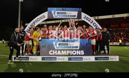 Inver Park, Larne, Northern Ireland, UK. 21 Apr 2023. Danske Bank Premiership – Larne v Linfield. Newly crowned Irish League champions Larne played Linfield in their last home match of the season. Larne, the champions lifted the trophy, the Gibson Cup on the night.Credit: CAZIMB/Alamy Live News. Stock Photo