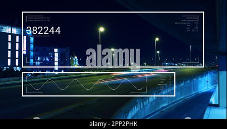 Composition of data processing over cityscape Stock Photo