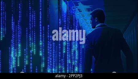 Composition of data processing over caucasian businessman in server room Stock Photo