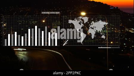 Composition of world map and data processing on black background Stock ...