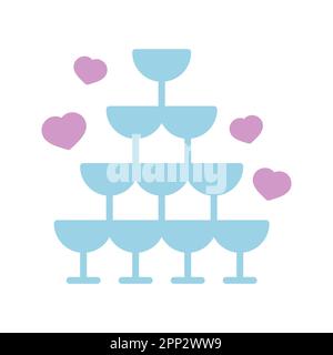 Wedding pyramid from glasses isolated glyph icon. Vector illustration, romance elements. Sticker, patch, badge, card for marriage, valentine Stock Vector