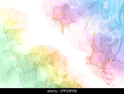 Pastel rainbow coloured hand painted alcohol ink design with gold glitter Stock Vector