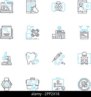 Dental procedures linear icons set. Extraction, Braces, Implant, Filling, Crown, Cleaning, Whitening line vector and concept signs. Root canal,Bonding Stock Vector
