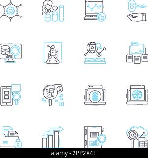 Market research linear icons set. Analysis, Demographics, Data, Insights, Strategy, Surveys, Focus groups line vector and concept signs. Sampling Stock Vector