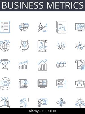Business metrics line icons collection. Financial indicators, Performance measures, Marketing analytics, Sales metrics, Operational data, Customer Stock Vector