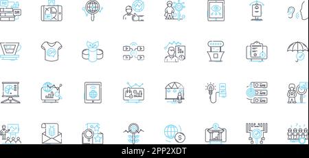 Market research linear icons set. Survey, Focus group, Data, Analysis, Target audience, Sampling, Insights line vector and concept signs. Competitive Stock Vector