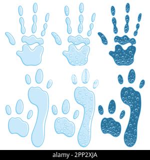 Set of color illustrations with alien footprint and handprint. Isolated vector objects on white background. Stock Vector
