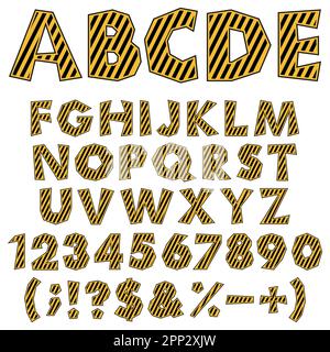 Colored chopped alphabet, numbers and signs with warning markings. Isolated vector objects on white background. Stock Vector