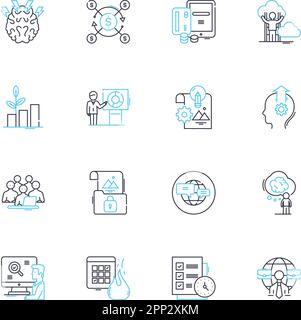Work environment linear icons set. Productivity, Collaboration, Efficiency, Communication, Culture, Workspace, Ergonomics line vector and concept Stock Vector