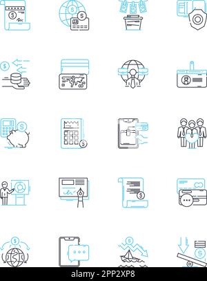 Blockchain-based finance linear icons set. Cryptocurrency, Decentralization, Transparency, Smart contracts, Security, Efficiency, Trustless line Stock Vector