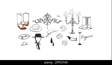 Hand drawn abstract vector graphic outline illustration boho cowgirls aesthetic set with hats,boots antd other.Western female design concept.Bohemian Stock Vector