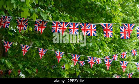 Union Jack flags hanging at the street ready to national holiday celebration Stock Photo
